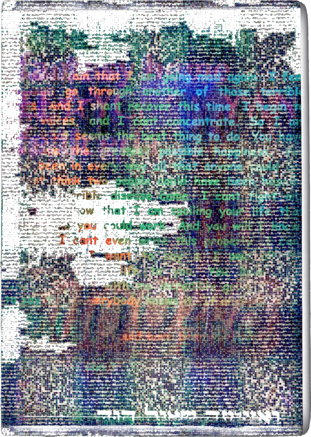 Overwritten page of layered handwritten and printed text dissolving into static, by Ariamis. Edition of 100.