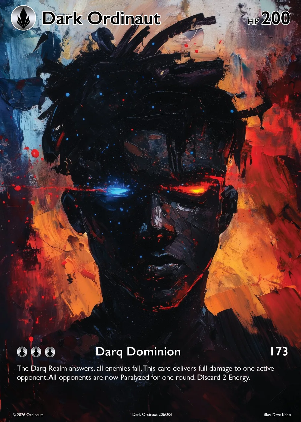 Trading card design titled Darq Dominion, a shadowed figure against fire and smoke, by Dave Kebo for Ordinauts. Edition of 100.