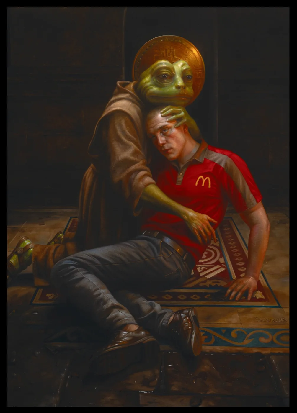 Oil painting after the Pietà, a frog-headed figure cradling a fast-food worker, by Ksenia Buridanova. Edition of 100.