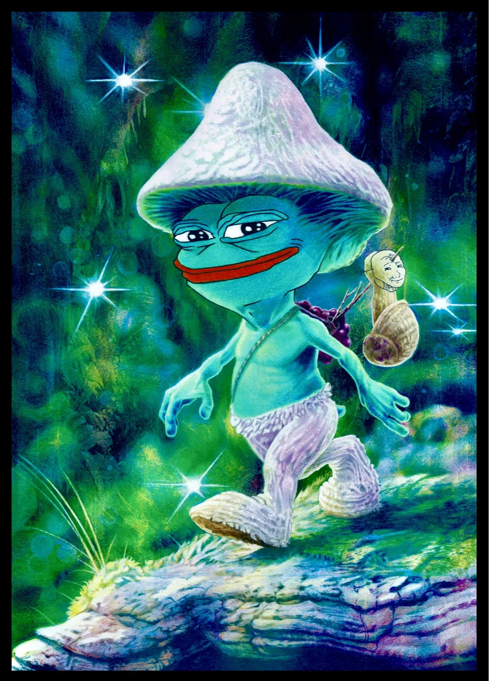 Painting of a mushroom-capped blue creature with Pepe features striding over a log, by Pepenardo. Edition of 100.