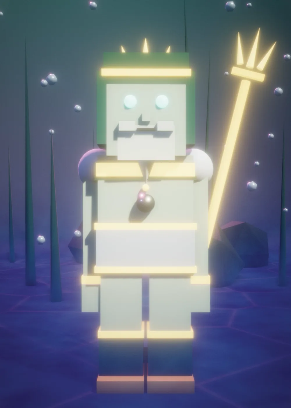 Voxel-rendered figure holding a glowing trident in a violet dreamscape, from BlockForge by MDV. Edition of 100.