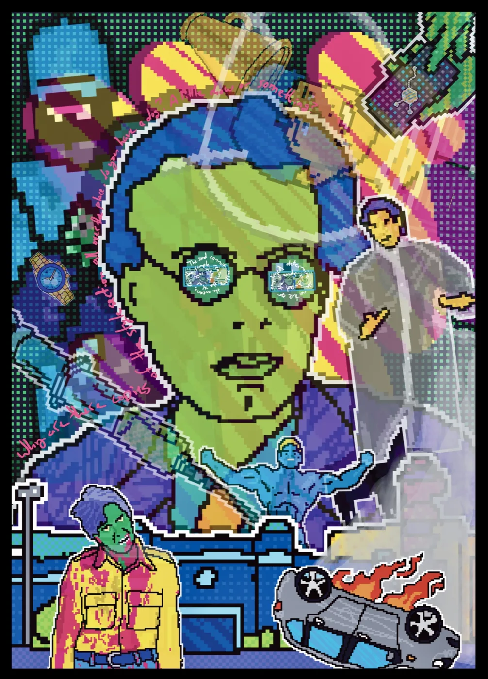 Layered pixel collage of a green-skinned figure in round glasses amid supermarket debris, by Donny. Edition of 100.